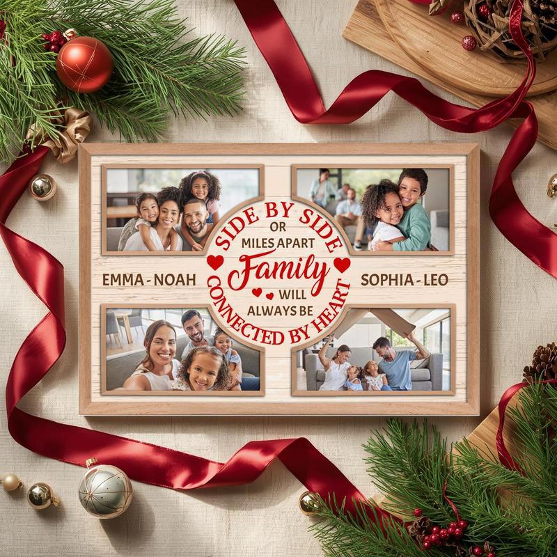 Long-distance family Christmas photo collage canvas, personalized with names, dates, locations; beige, gift for mom and dad.