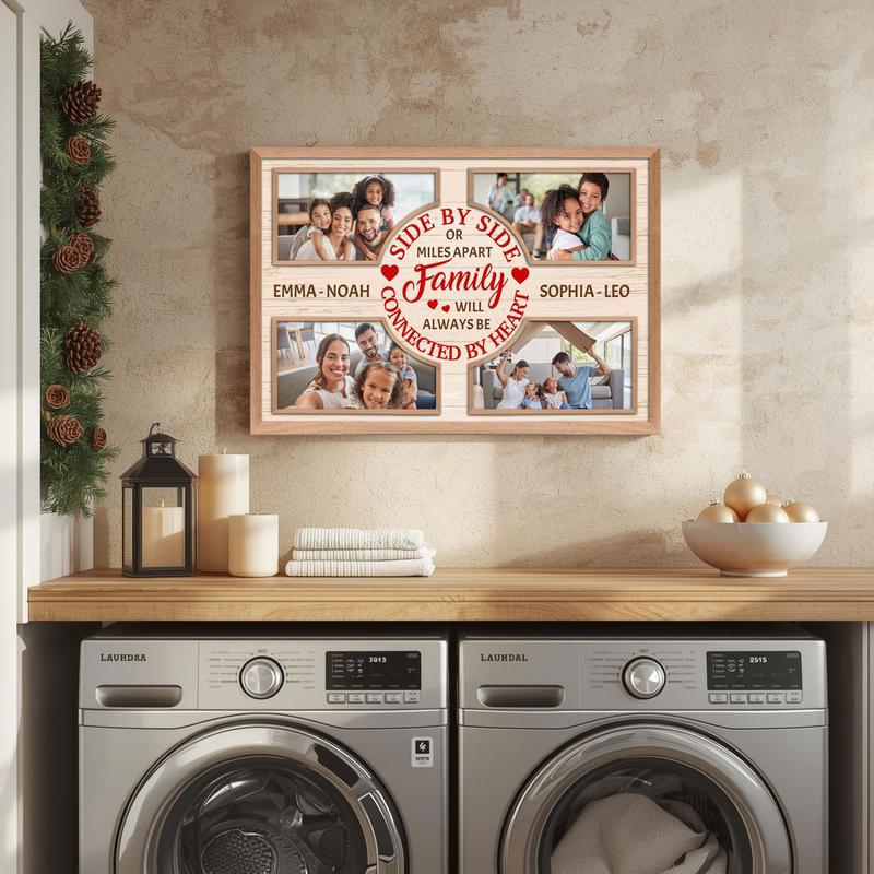 Long-distance family Christmas photo collage canvas, personalized with names; minimalist white grid, gift for grandparents.