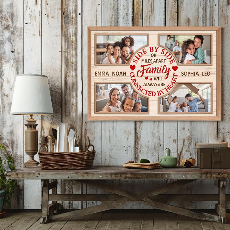 Long-distance family Christmas photo collage canvas, personalized with names; neutral linen background, gift for parents.