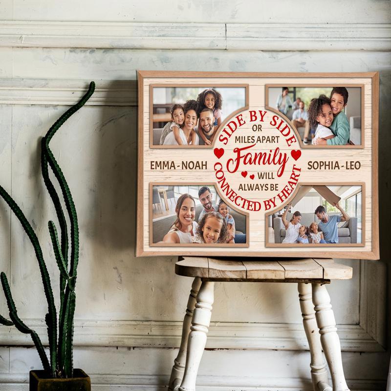 Long-distance family Christmas photo collage canvas, personalized with names; navy backdrop, gift for families far apart.