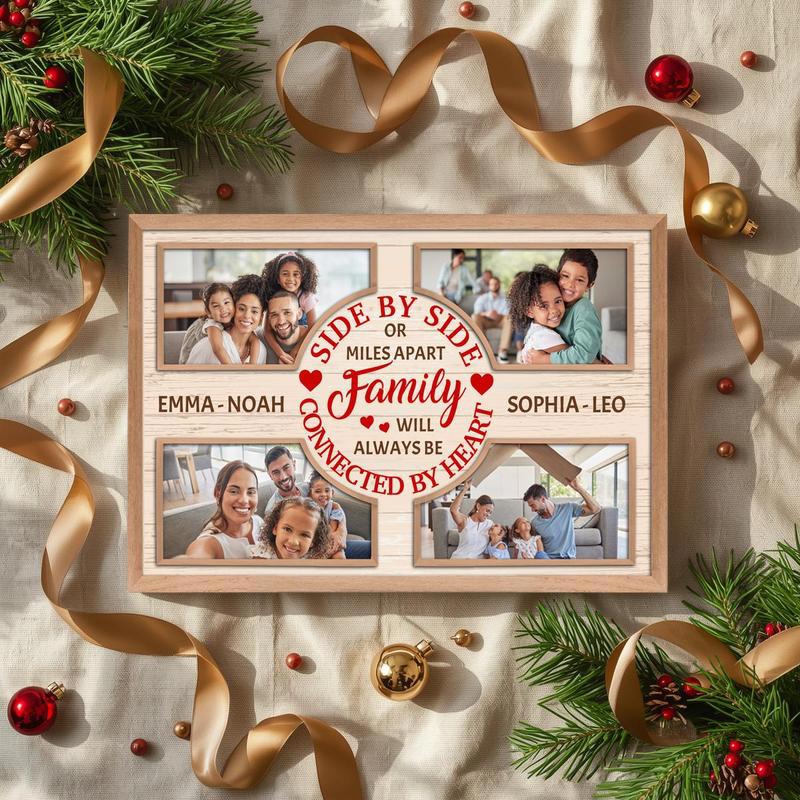 Long-distance family Christmas photo collage canvas, personalized with names; green background, portrait for hallway decor.