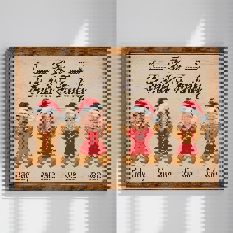 Gingerbread family Christmas framed canvas with personalized names and year, cute holiday wall art for living room mantel | Familywalldecor