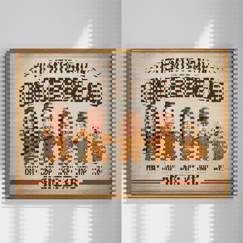 Funny gingerbread family canvas wall art with custom family photo, rustic farmhouse Christmas decor for living room walls | Family Wall Decor