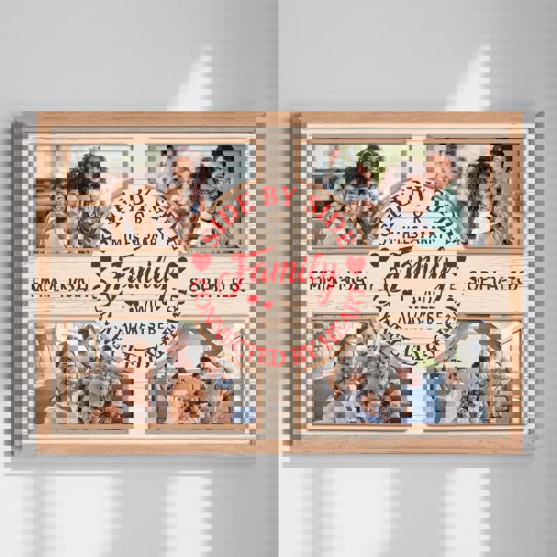 Long-distance family Christmas photo collage canvas, personalized with names and locations; landscape in red-green palette. | Family Wall Decor