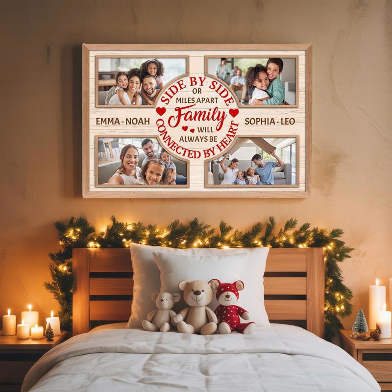 Long-distance family Christmas photo collage canvas, personalized with names; crisp white background, ideal entryway decor.