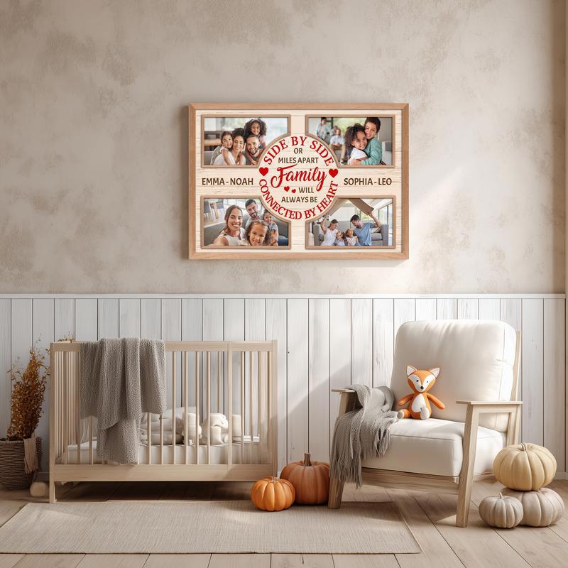 Long-distance family Christmas photo collage canvas, personalized with names; neutral gray background, home office decor.