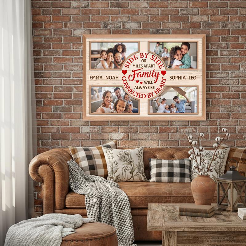 Long-distance family Christmas photo collage canvas, personalized with family name; square layout in soft neutral tones.