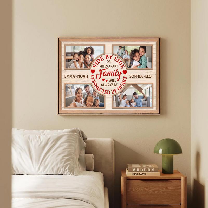 Long-distance family Christmas photo collage canvas, personalized with names; rustic wood background for living room decor.