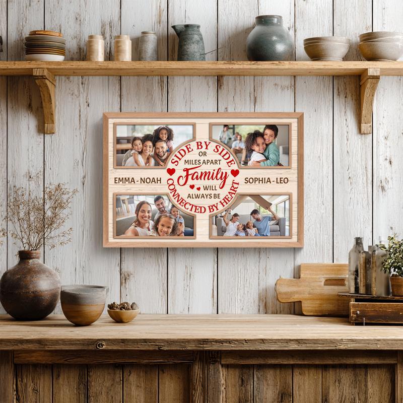 Long-distance family Christmas photo collage canvas, personalized with names and dates; portrait layout on white background.