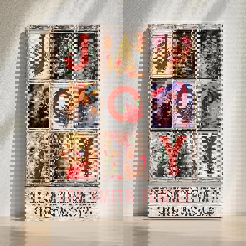 Christmas family photo collage canvas with Joy design, personalized with photos, family name, and year; gift for parents | Familywalldecor