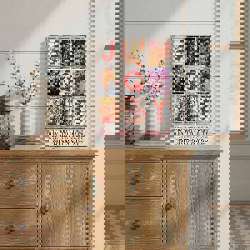 Holiday Joy family photo collage canvas, custom names and date; wall art for living room, Christmas gift for parents