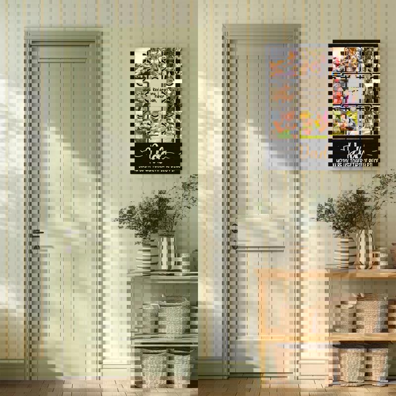 Custom family photo collage canvas, rustic wood background, 6-photo strip, warm farmhouse style, Christmas wall decor for Dad Custom family photo collage canvas, rustic wood background, 6-photo strip, warm farmhouse style, Christmas wall decor for Dad