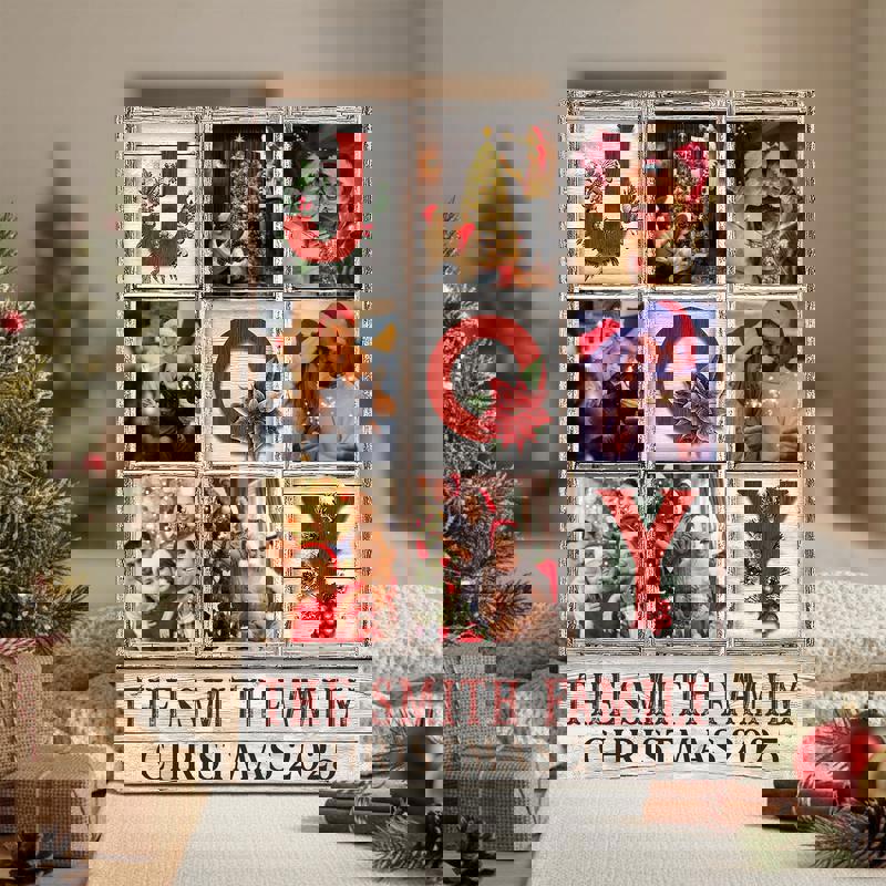 Joy Christmas family photo collage canvas, custom photos and family name; mantel wall art, gift for Mom and Dad