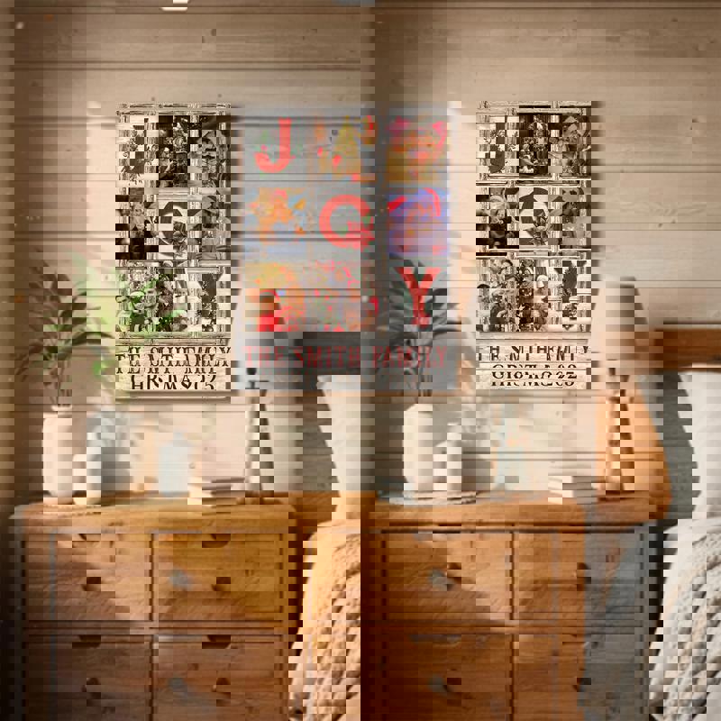 Holiday family Joy photo collage canvas print, personalized with images and year; entryway decor and gift for parents