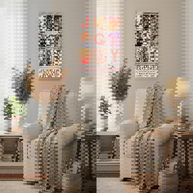 Christmas Joy collage canvas featuring family photos, custom name and date; seasonal gallery wall art, gift for parents