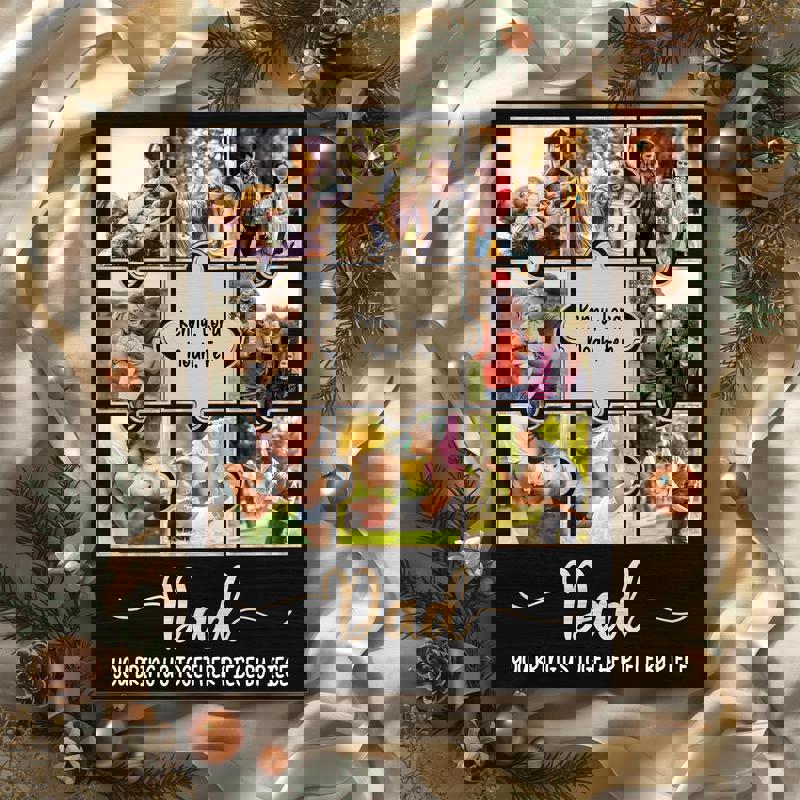 Custom family photo collage canvas with 7 photos, navy background, gold script, personalized for Dad, Christmas decor Custom family photo collage canvas with 7 photos, navy background, gold script, personalized for Dad, Christmas decor