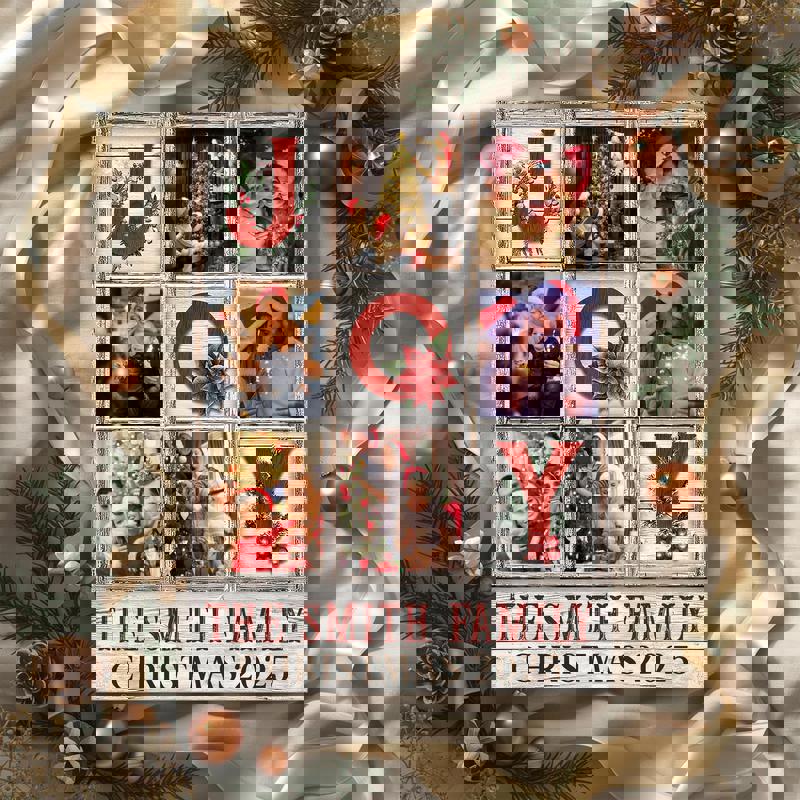 Holiday Joy family photo collage canvas, personalized with your photos and last name; Christmas wall art gift for parents