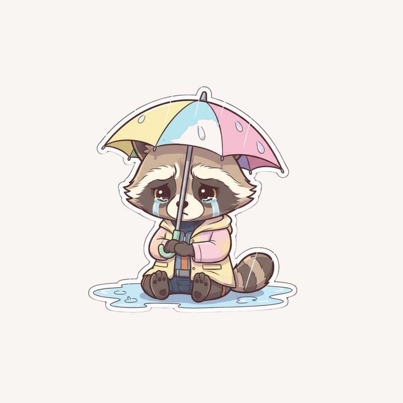 Chibi Rainy Sad Raccoon Sticker - Raccsy