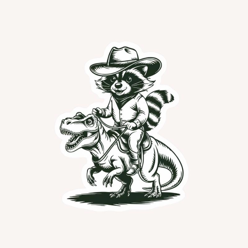 Cowboy Raccoon Riding Dinosaur Sticker