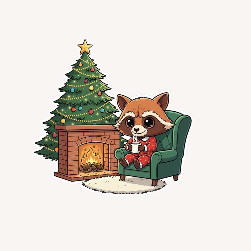 Cozy Rocket Raccoon By Fireplace Sticker - Raccsy