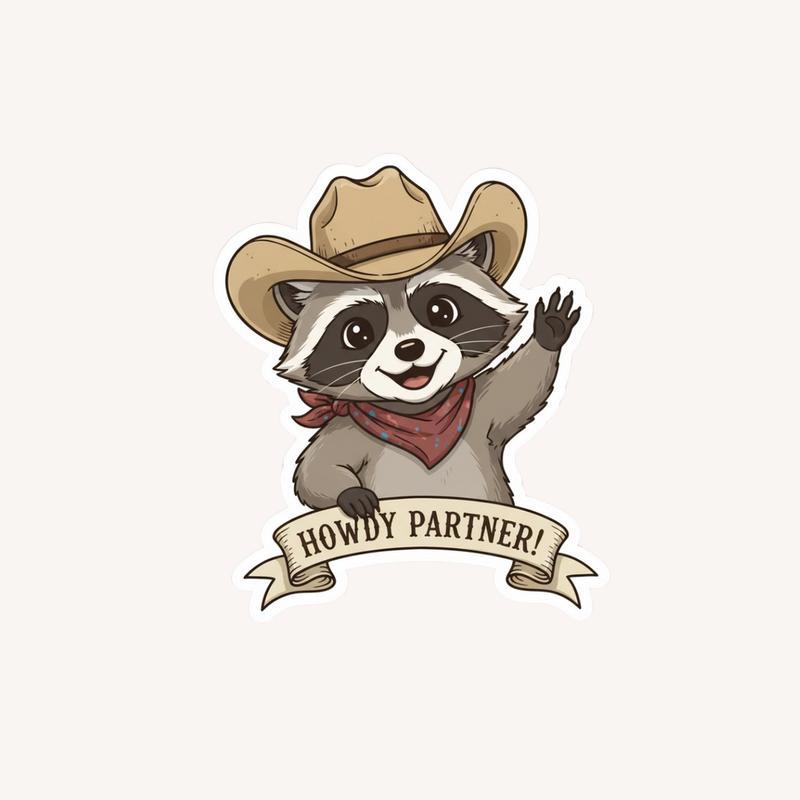 Kawaii Cowboy Raccoon, Howdy Partner Sticker - Raccsy