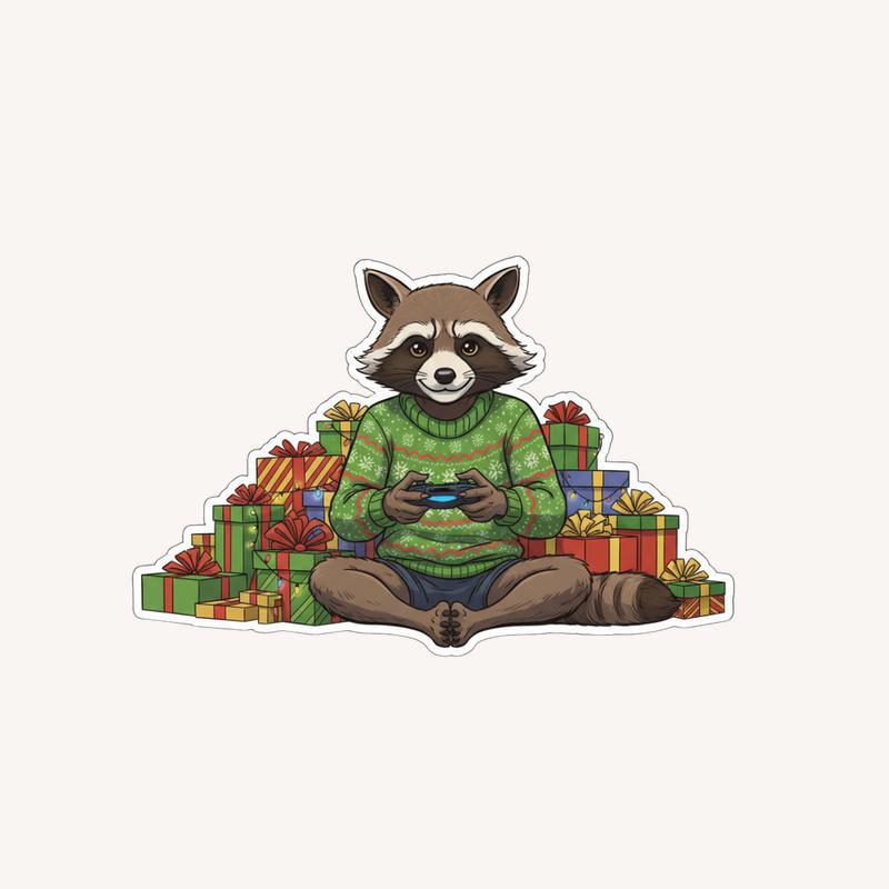 Rocket Raccoon Cozy Gamer Christmas Sticker - Raccsy