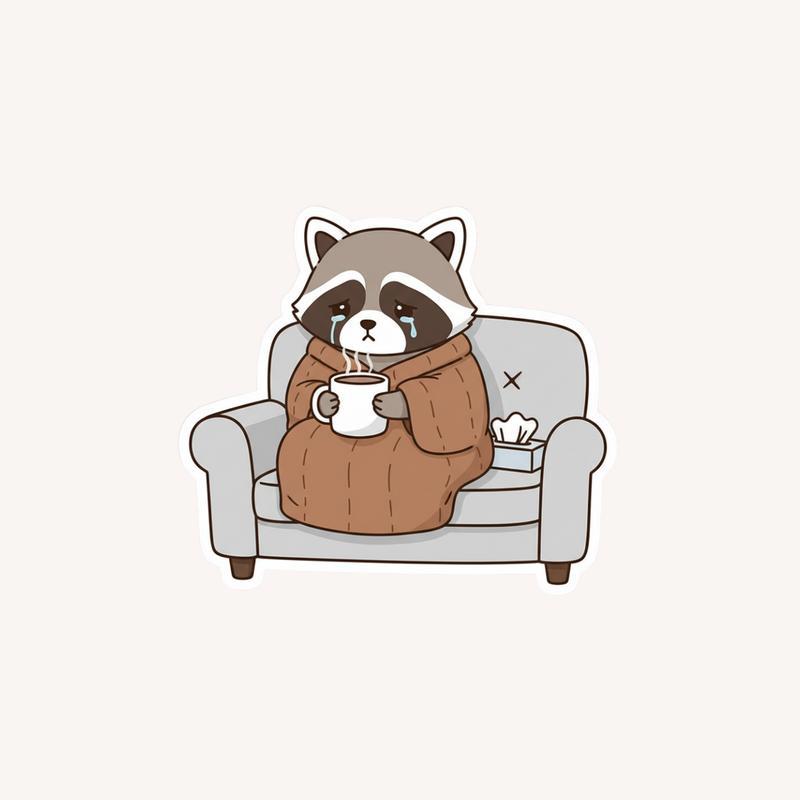 Sad Raccoon With Coffee Sticker - Raccsy