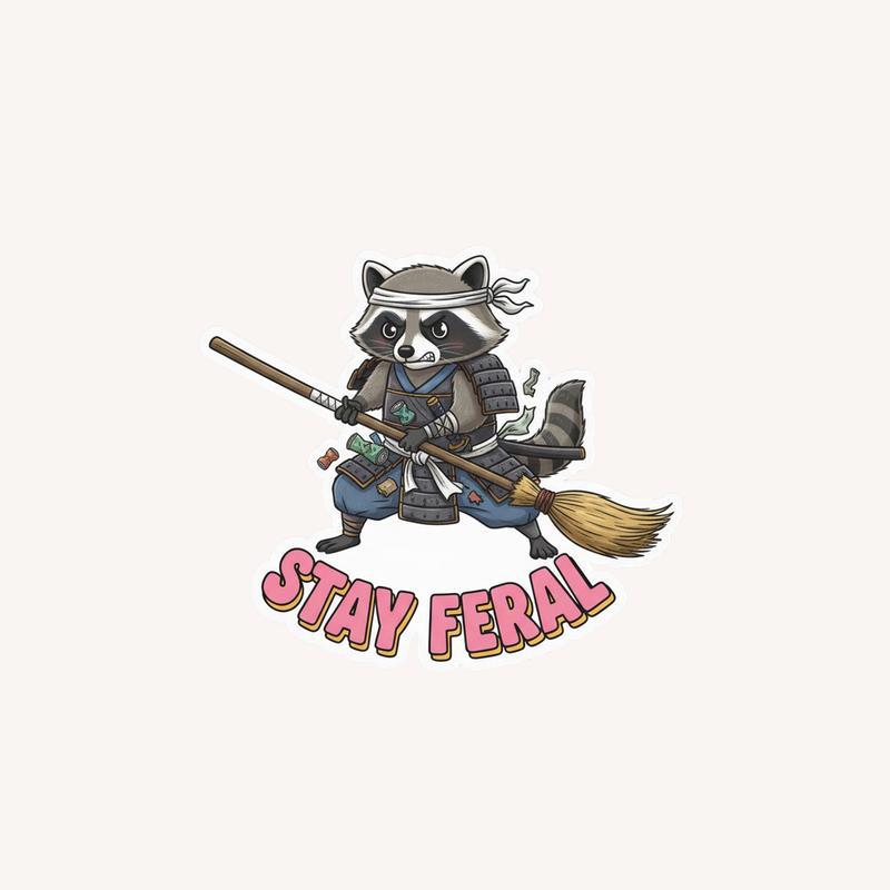 Stay Feral Raccoon Trash Samurai Sticker - Raccsy