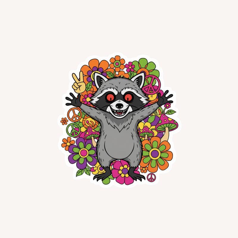 Unhinged And Feral Raccoon In Retro 70s Hippie Flower Power Sticker - Raccsy