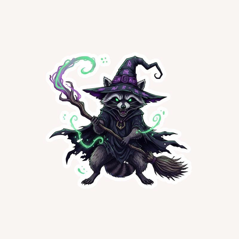 Unhinged And Feral Raccoon Witch Outfit Sticker - Raccsy