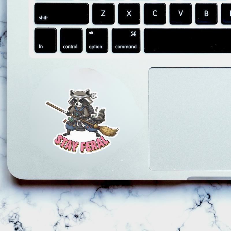 Stay Feral Raccoon Trash Samurai Sticker