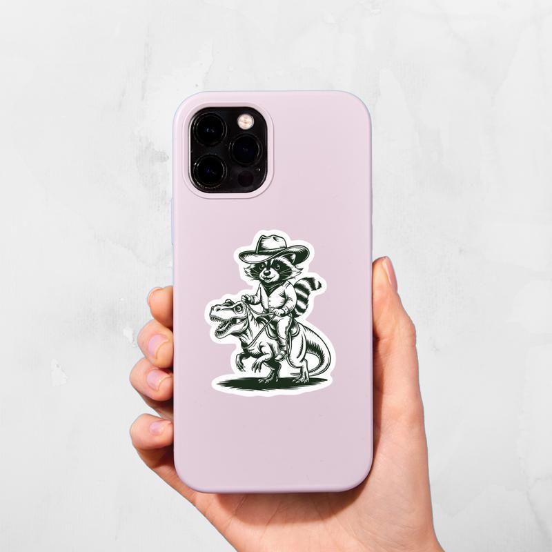 Cowboy Raccoon Riding Dinosaur Sticker