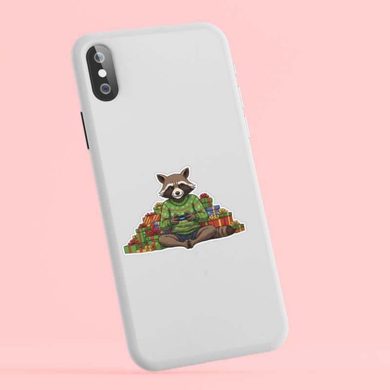 Rocket Raccoon Cozy Gamer Christmas Sticker